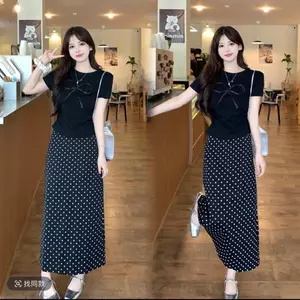 Váy chấm bi cỡ lớn mùa hè dành cho nữ - Bộ đồ thời thượng theo phong cách phương Tây với áo thun rộng nơ