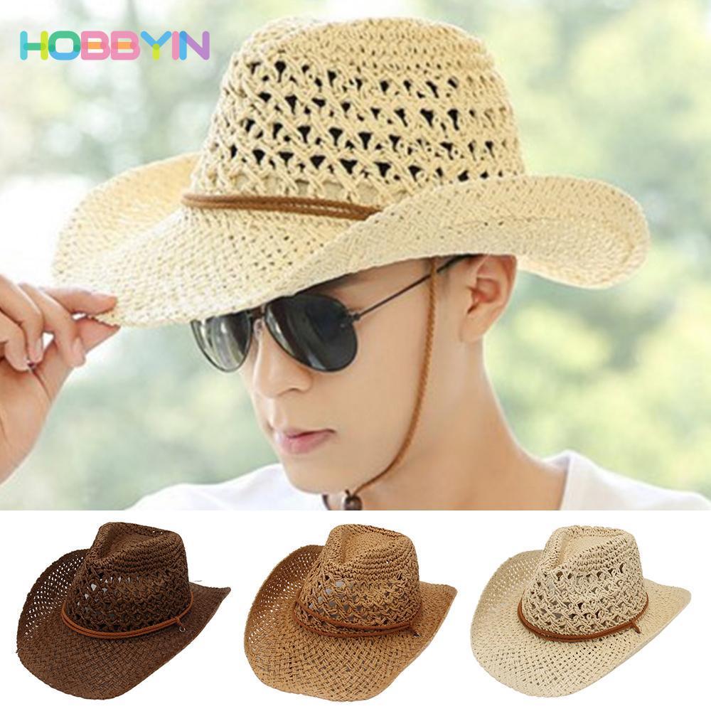 Mũ cao bồi rơm Hobbyin với vành rộng và khả năng gập lại, dây đeo cằm điều chỉnh được - Phù hợp cho kỳ nghỉ và chống nắng khi đi biển