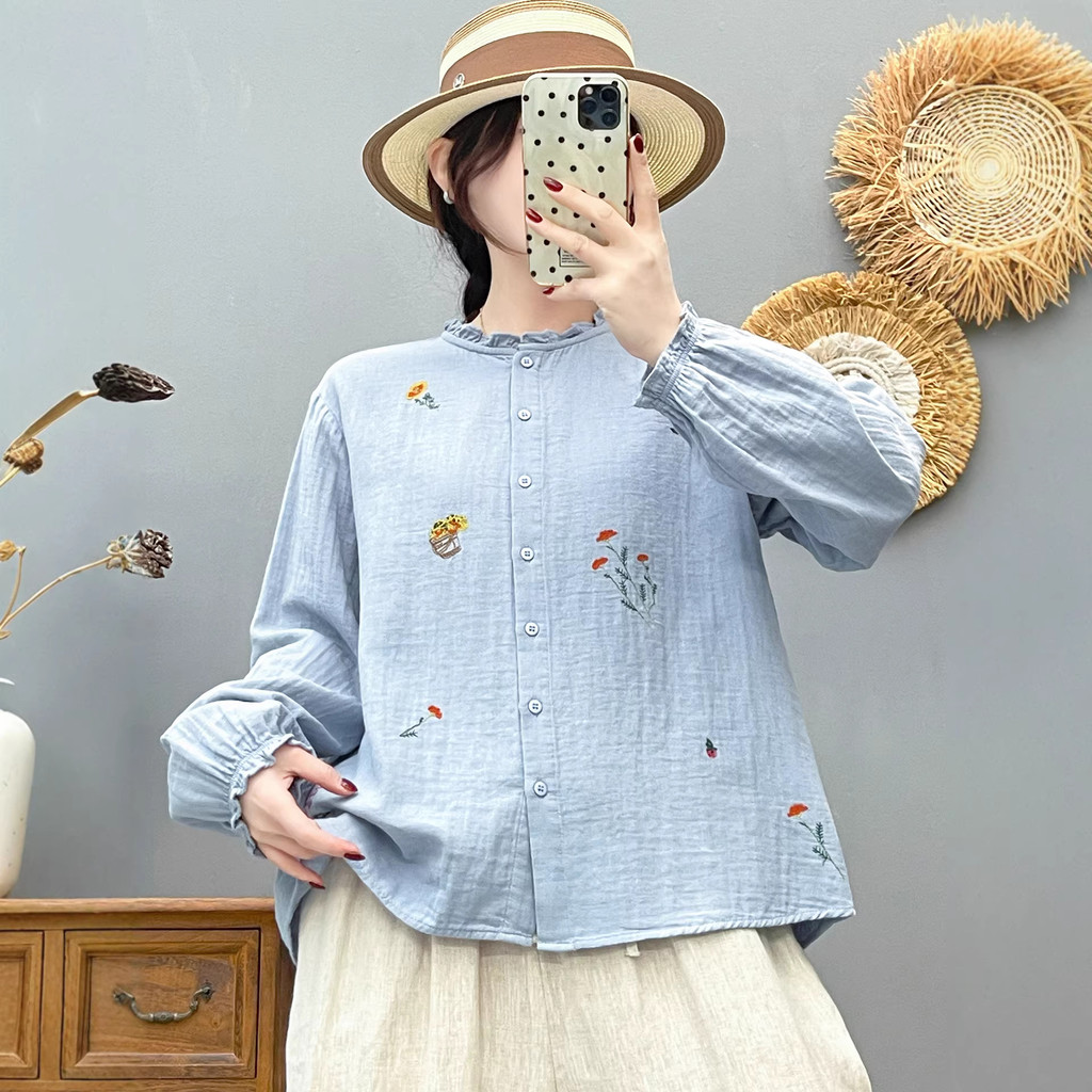 [Hàng có sẵn] Áo sơ mi Mori Art 100% Cotton, cổ thêu dài tay mềm mại, thoải mái