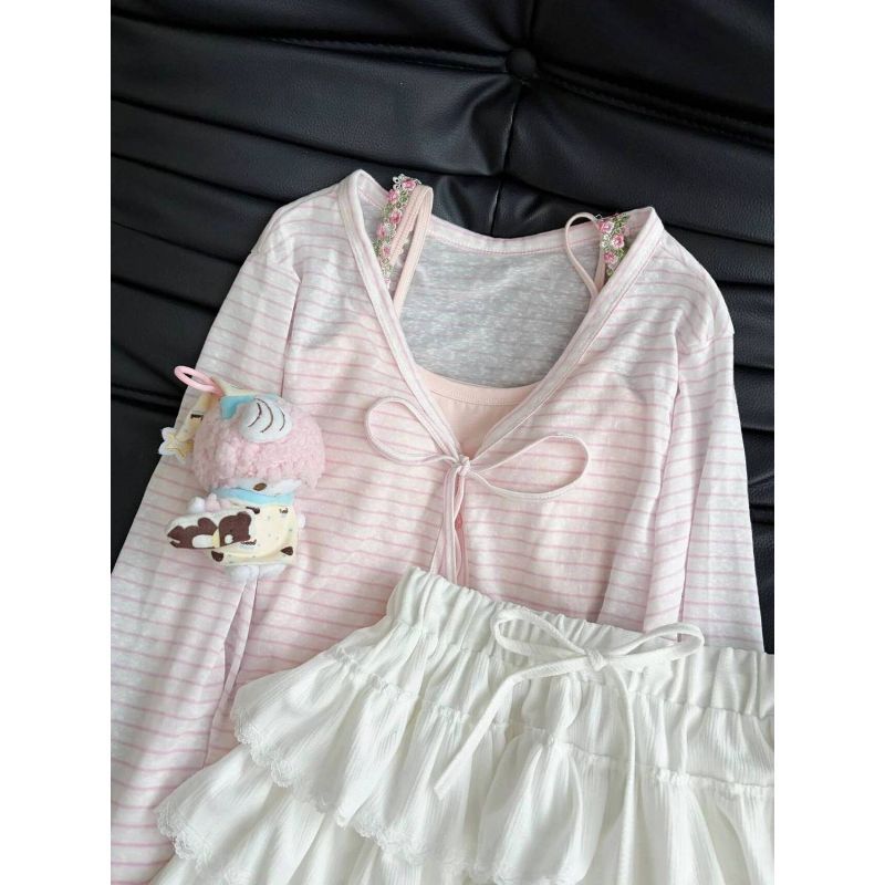 [Khuyến mãi 50%] Bộ Áo Cardigan Sọc Caro và Áo Sơ Mi Màu Hồng Ngọt Ngào, Chống Nắng, Phù Hợp Mùa Hè