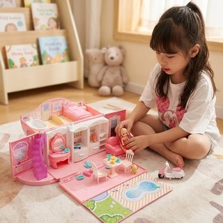 Công Chúa Nhà Búp Bê Playset Màu Hồng Mang Theo Túi Búp Bê Mini Xe Tay Ga Đồ Chơi Quà Tặng Bé Gái