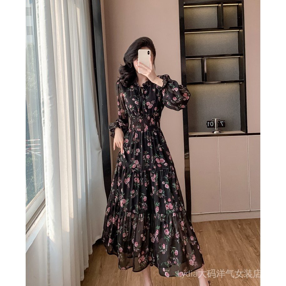 Váy dài hoa xù Spike Size lớn, phong cách Hồng Kông - Hàn Quốc, thanh lịch cho kỳ nghỉ