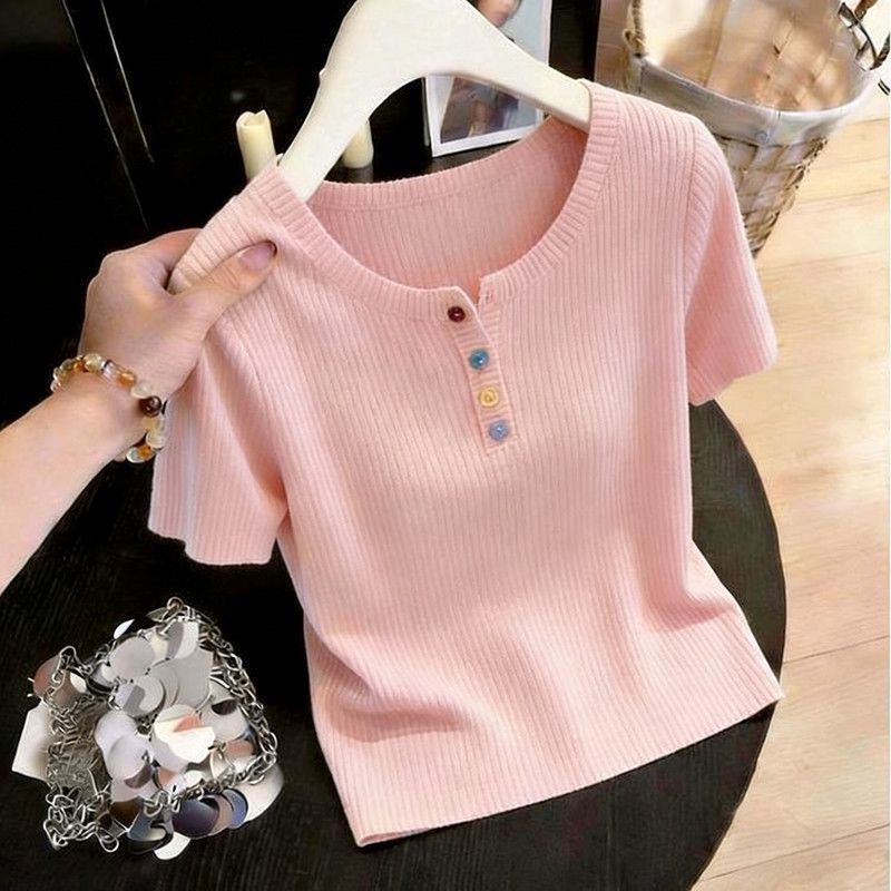 Áo Len Ngắn Tay Có Nút Màu Sắc Đa Dạng, Thiết Kế Slim-Fit, Phong Cách Thanh Lịch Cho Nữ
