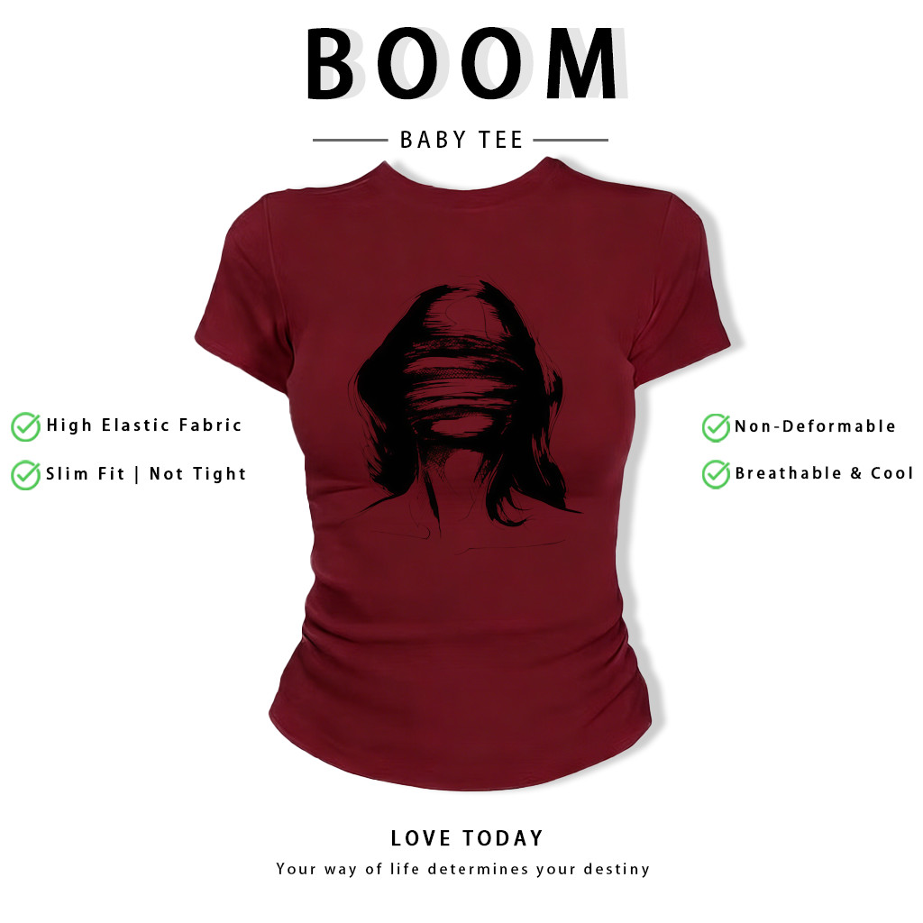 BOOM Áo Baby Tee Nữ Cotton Ôm Body-Áo Thun Ngắn Tay Y2K In Hình PhongCách Mùa Hè, Cổ Tròn Hàng Đầucách hàn quốc phongR43