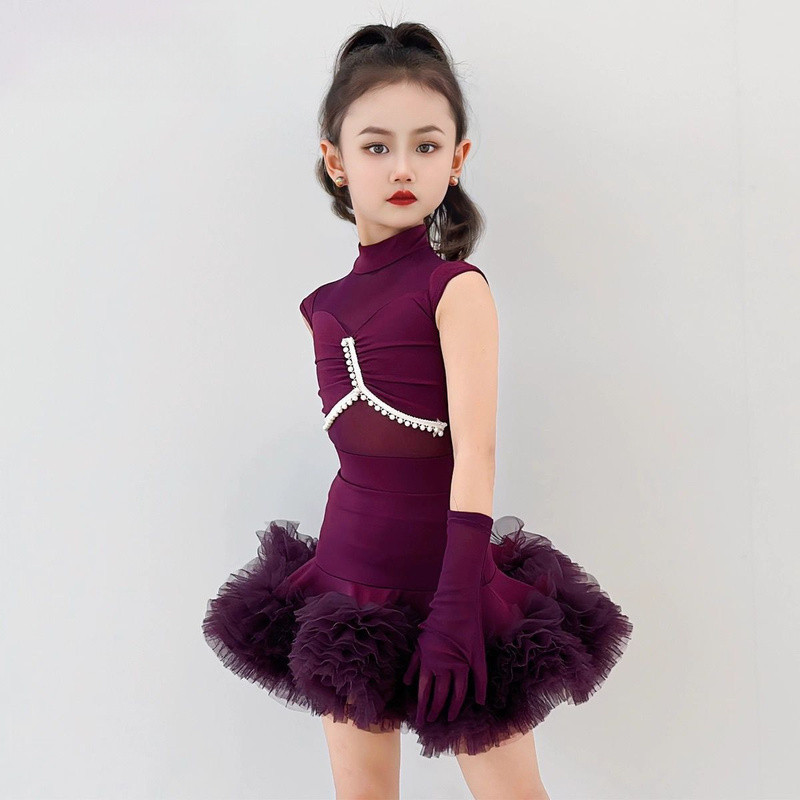 💕Chỗ💕 Chân Váy Khiêu Vũ Latin Tiêu Chuẩn Cuộc Thi Trang Phục Cô Gái Cổ Cao Lưới Nối Không Tay Váy Vải Tuyn Phồng