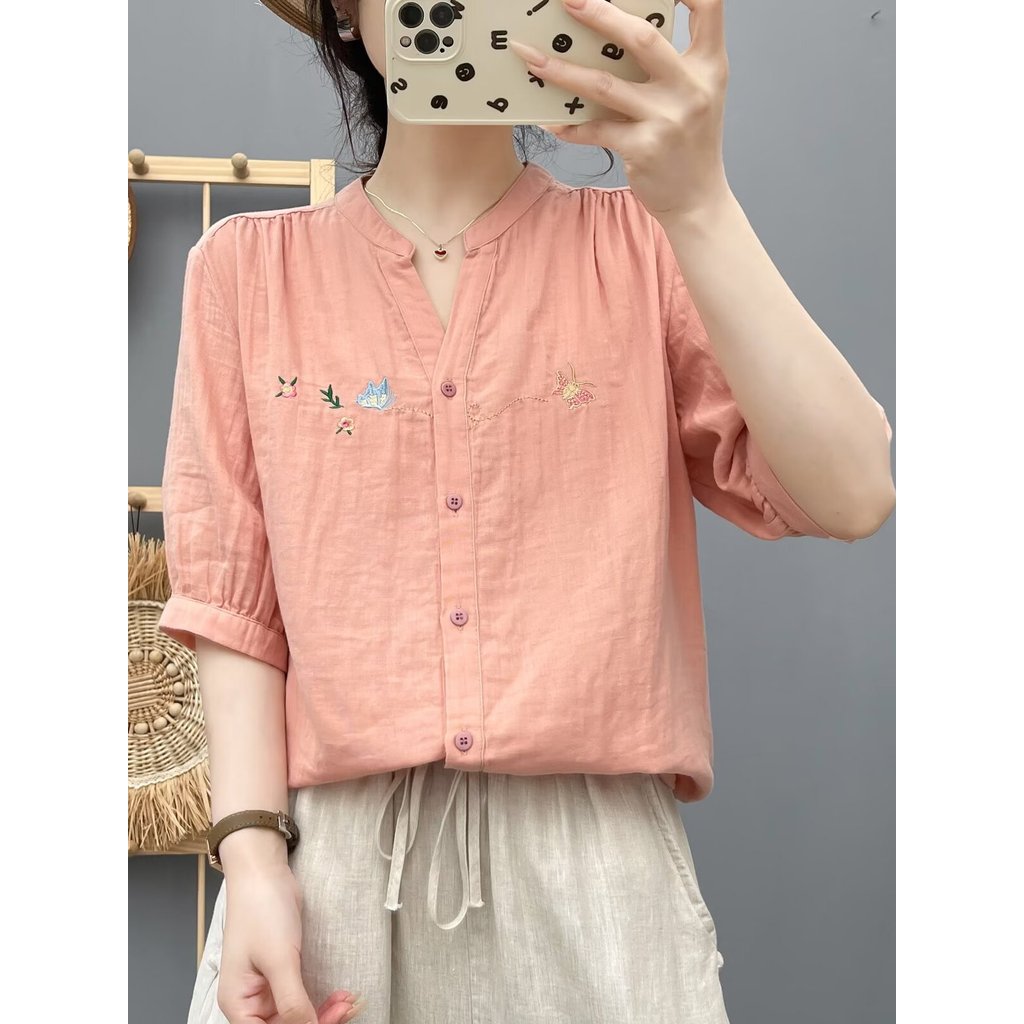 [Hàng có sẵn] Áo sơ mi nữ 100% Cotton chất lượng cao Mùa hè Áo sơ mi dài tay đa năng tay năm phần tư