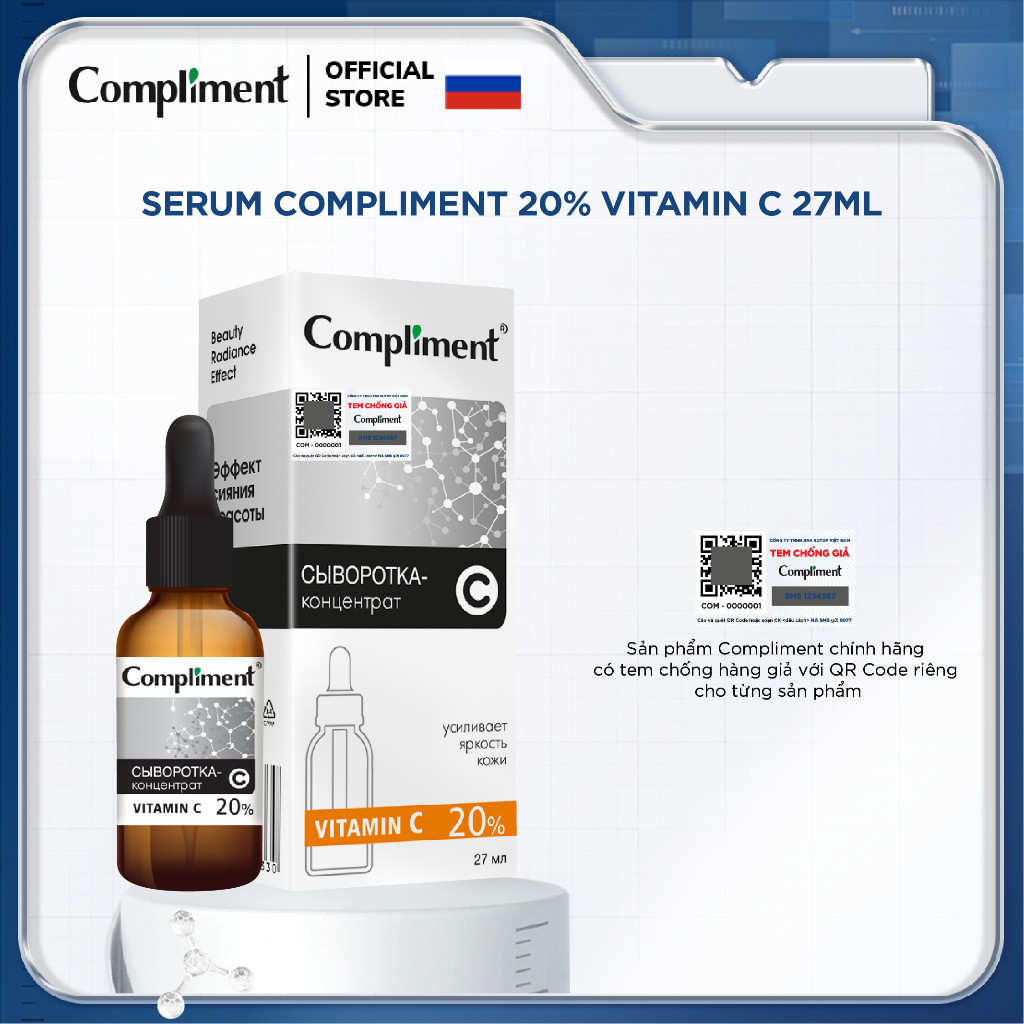 Serum Compliment 20% Vitamin C dưỡng trắng, mờ thâm, căng bóng da, chống lão hóa 27ml