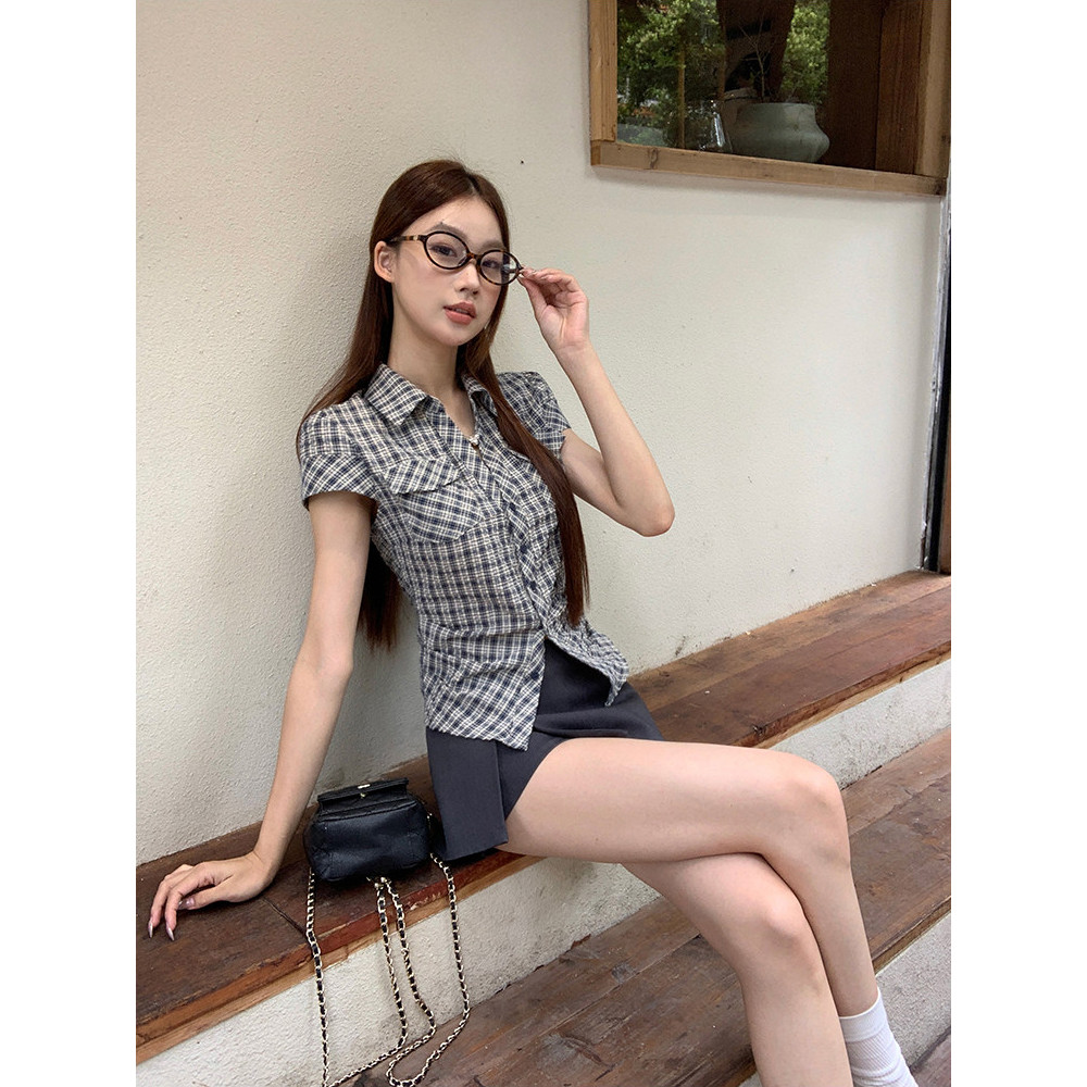 SUXI Áo sơ mi ngắn tay kẻ sọc cổ điển mới mùa hè dành cho nữ 260430