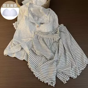 Bộ đồ ngủ cổ chữ v viền ren xám phong cách Hàn Quốc Thoải mái thân thiện với da có thể mặc bên ngoài ngắn-