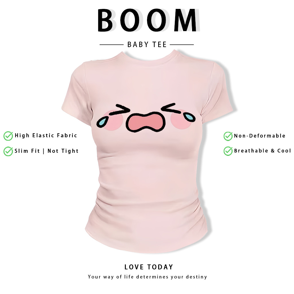 BOOM Áo Baby Tee Nữ Cotton Ôm Body-Áo Thun Ngắn Tay Y2K In Hình PhongCách Mùa Hè, Cổ Tròn Hàng Đầucách hàn quốc phongV16