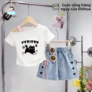 Bộ đồ bé gái – Áo lệch vai + quần jeans, thời trang, dễ thương, phong cách hè