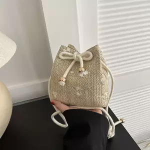 E-WOITD Dây Rút Túi Đeo Vai Thường Ngày Đi Biển Mùa Hè Dệt Rơm Túi Xách Nhỏ Dung Tích Lớn Túi Đeo Ngang E-WOITD
