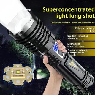 Đèn pin ngoài trời công suất cao, sạc lại được, chống nước, hiển thị dung lượng pin, LED đèn pin tìm kiếm. đèn cảnh báo