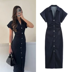 Mùa Xuân Mới Series Denim MIDI Đầm Có Ve Áo Bên Dây Kéo Thời Trang Nếp Nhăn Eo Ôm Thanh Lịch Đầm