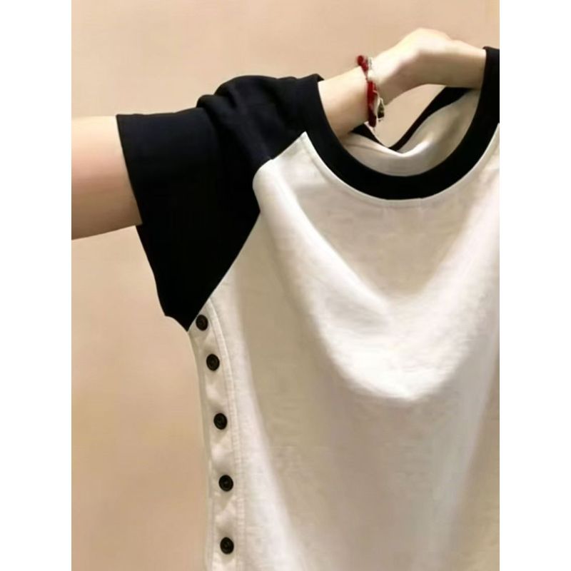 [Seckill trong thời gian có hạn] 92% Cotton Sản phẩm mới Vai chính hãng Phong cách Mỹ Màu sắc tương phản Áo thun ngắn tay nữ Mùa hè Phong cách mới Thời trang Khâu da thịt