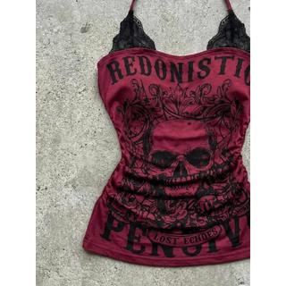 Sling Đỏ Treo y2k Giả Retro Thiên Niên Kỷ Mỹ Punk Hai Mảnh Cổ Top Văn Hóa Châu Á Cô Gái Nóng Ren Rock I50B