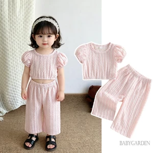 Bé Gái Trang Phục Mùa Hè Họa Tiết Sọc Bong Bóng Áo Co Giãn Eo Rộng Quần 2 Chiếc Bộ Quần Áo