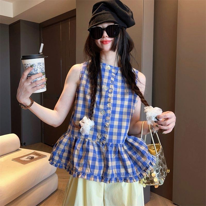 [Hàng mới về] Áo sơ mi không tay cổ tròn kẻ sọc phong cách phương Tây cổ điển dành cho nữ Mùa hè Phong cách mới dáng rộng thường ngày Agaric Edge Áo kẻ sọc xanh
