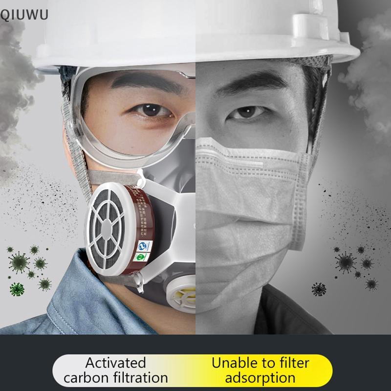 QIUWU Tranh Mặt nạ khí Mặt nạ phòng độc Bộ lọc than kép Công nghiệp hóa chất Thuốc trừ sâu Kính chống sương mù Mặt nạ bảo vệ.