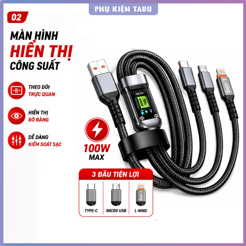Cáp Sạc 3 Đầu 3in1 100W Có Màn Hình - Sạc Nhanh, Bền, Không Rối - Sạc 3 Thiết Bị Cùng Lúc