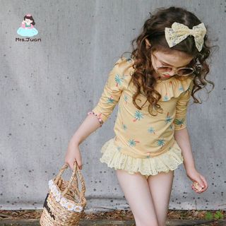 Đồ bơi bé gái tay dài chống nắng - Set rời bèo cổ tròn co giãn nhanh khô đi biển