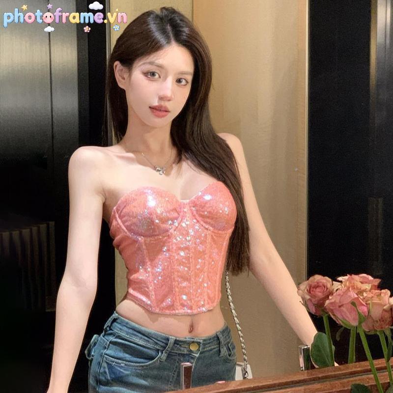 Áo Ngực Top Sequin Công Nghiệp Nặng Xương Cá - Hộp Đêm Phong Cách Quấn Ngực Thời Trang Hạt Kéo Lấp Lánh Corset