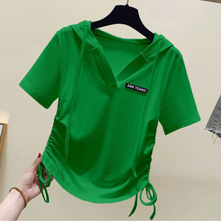Áo thun ngắn tay có mũ trùm đầu bằng lụa băng mùa hè thời trang phù hợp với dây rút không đều phía dưới ngắn