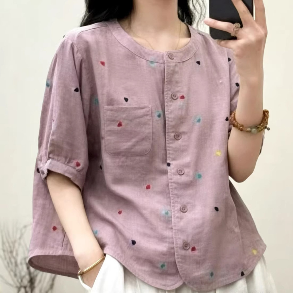 Áo sơ mi nữ chấm bi thêu trắng, cotton, phù hợp cho mùa hè