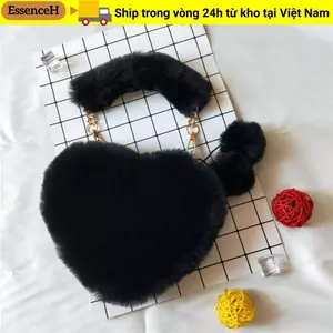 Túi xách lông thú giả ESSENCEH, Túi xách sang trọng hình trái tim giả lông thú, Túi đeo vai dây chuyền lông tơ nữ bé gái