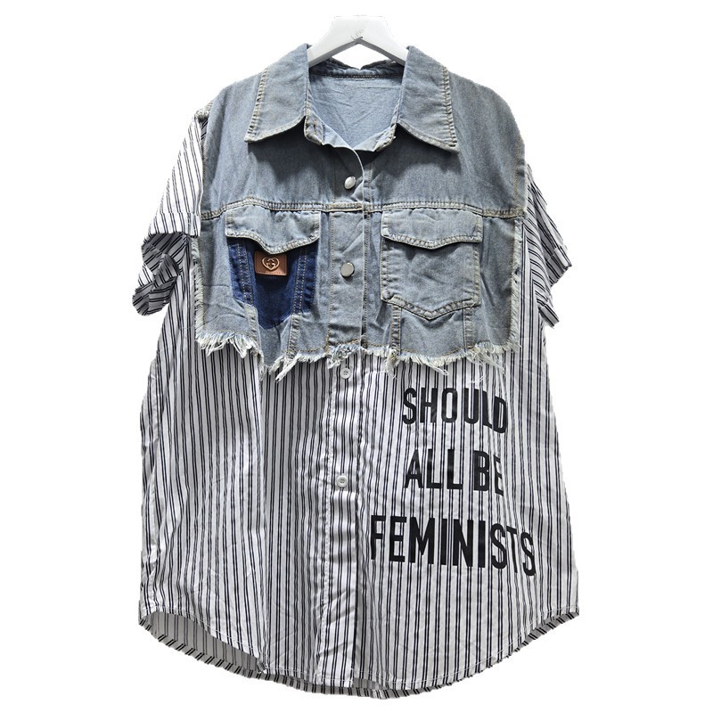 Châu Âu Khâu Màu Sắc Tương Phản In Chữ Denim Áo Sơ Mi Tay Ngắn Phong Cách Thoáng Mát Nữ Mùa Hè Rời Fried Street Áo Sơ Mi