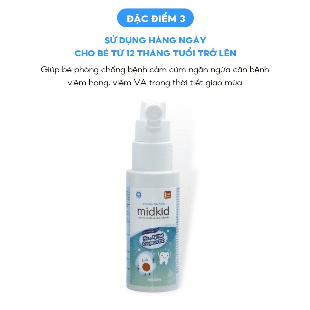 Xịt chống sâu răng Midkid cho bé từ 1 tuổi nuốt an toàn vị Nho 30ml giúp làm sạch thơm miệng loại bỏ mảng bám đen ố vàng