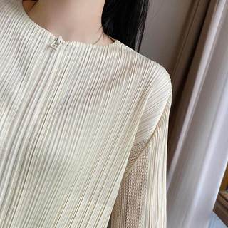 Miyake Xếp Ly Áo Khoác Thời Trang Rời Mỏng Hơn Nhìn Dây Kéo Cardigan Cổ Tròn Thu Đông Cao Cấp Xếp Ly Dây Rút Nữ