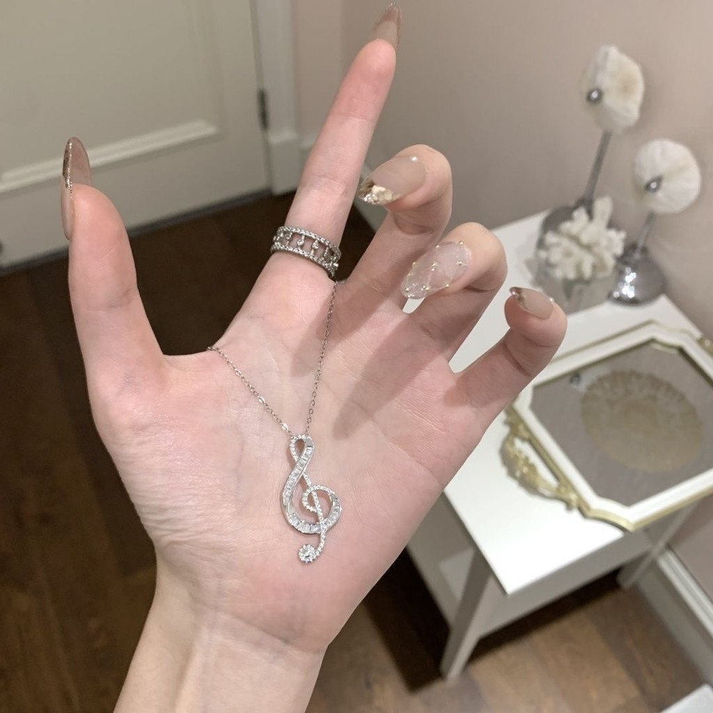Vòng cổ Clef Treble lấp lánh, Mặt dây chuyền ghi chú âm nhạc bạc với kim cương giả, Trang sức tối giản dành cho những người yêu thích âm nhạc