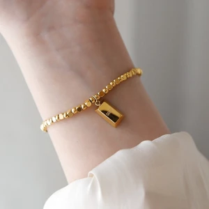 Vòng tay thanh vàng tối giản dành cho nữ - Thép titan mạ vàng 18K - Dây chuyền đính cườm lấp lánh quyến rũ vuông - Không trang trí có thể điều chỉnh Nhẹ - Mặc văn phòng & hàng ngày