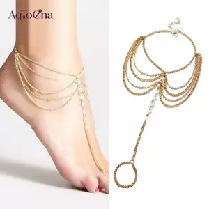 AqToCna Bãi Biển Mới Chân Trần Sandal Trang Sức Cô Dâu Thanh Lịch Gợi Cảm Thời Trang Nữ Quyến Rũ Lớp Dây Xích Liên Kết Hạt Pha Lê Chân Vòng Chân AqToCna