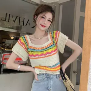 Áo thun ngắn tay cổ tròn vuông phù hợp phong cách ngắn tay ngọt ngào dành cho nữ Mùa hè Phong cách mới thon gọn hơn trông mỏng dệt kim Sw