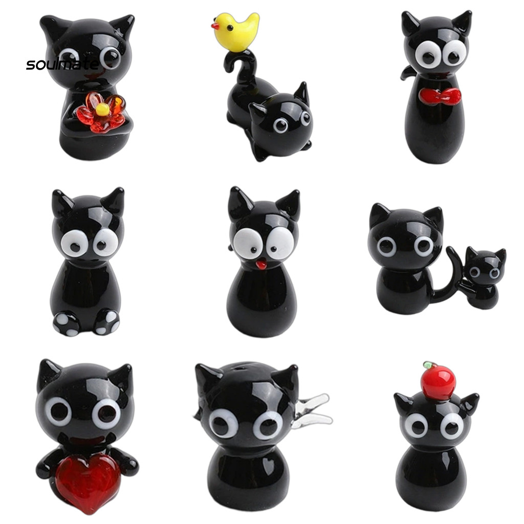 Đồ trang trí mèo đen thủy tinh thủ công, hình Kitty nhỏ cho máy tính để bàn, kệ sách, phong cảnh vi mô