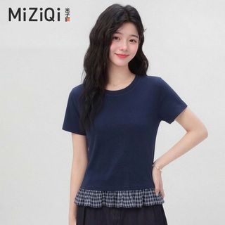 【MIZIQI】áo phông nữ Áo thun ngắn tay nữ, Áo kẻ sọc hai mảnh giả mỏng hơn