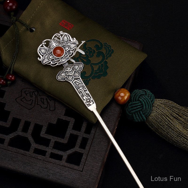 Chính Hãng S925 Bạc Hoa Mẫu Đơn Kẹp Tóc Trung Quốc Retro Trang Phục Cung Điện Hanfu Pan Tóc Bun Mũ Đội Đầu Quà Tặng