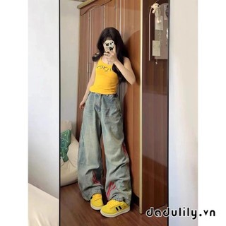 DADULILY Quần jean ghép mảnh phong cách Mỹ, ống thẳng, dáng rộng, kiểu trang phục lao động ống rộng