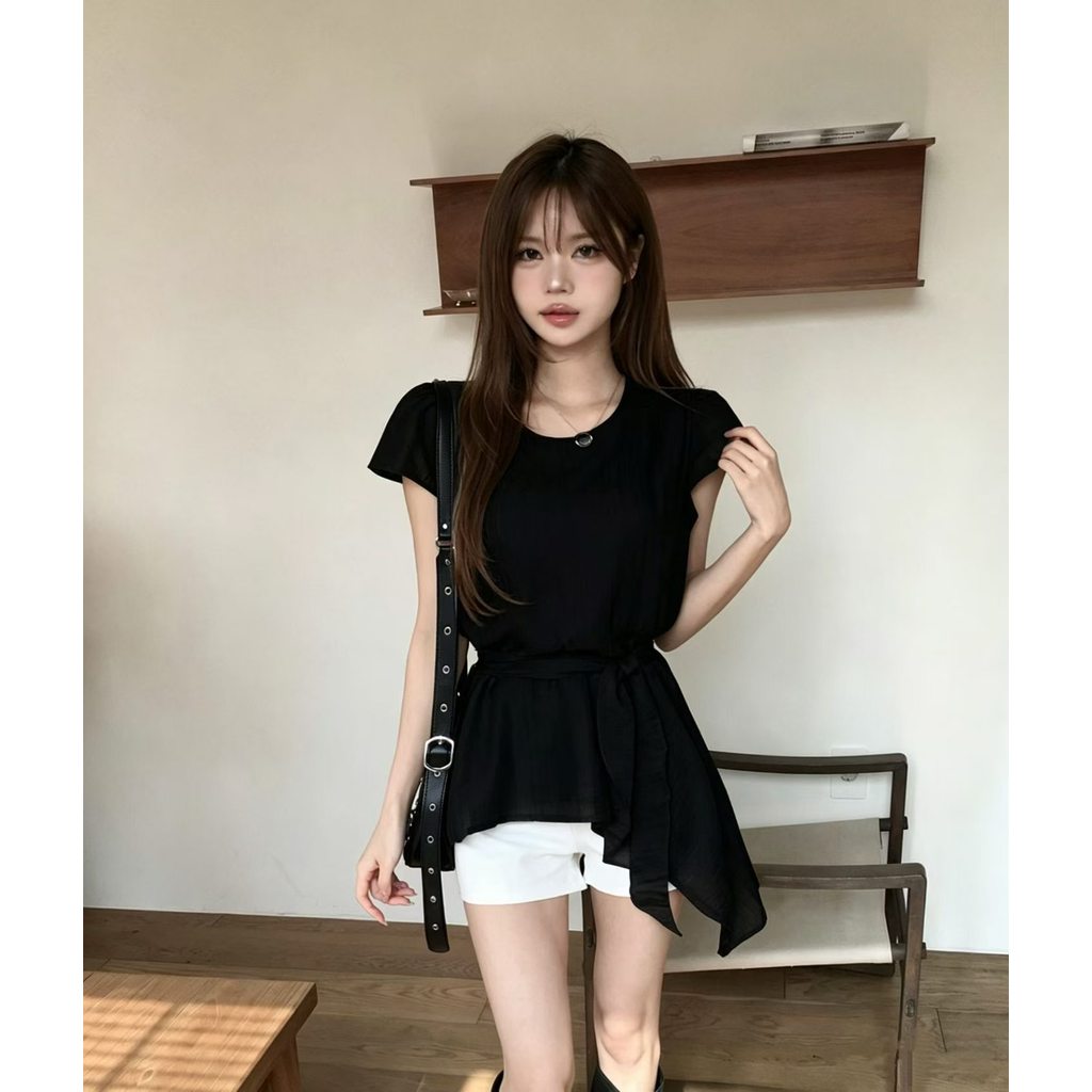 SUXI Áo sơ mi cổ tròn tay ngắn không đều phong cách Hàn Quốc mới mùa hè 260508