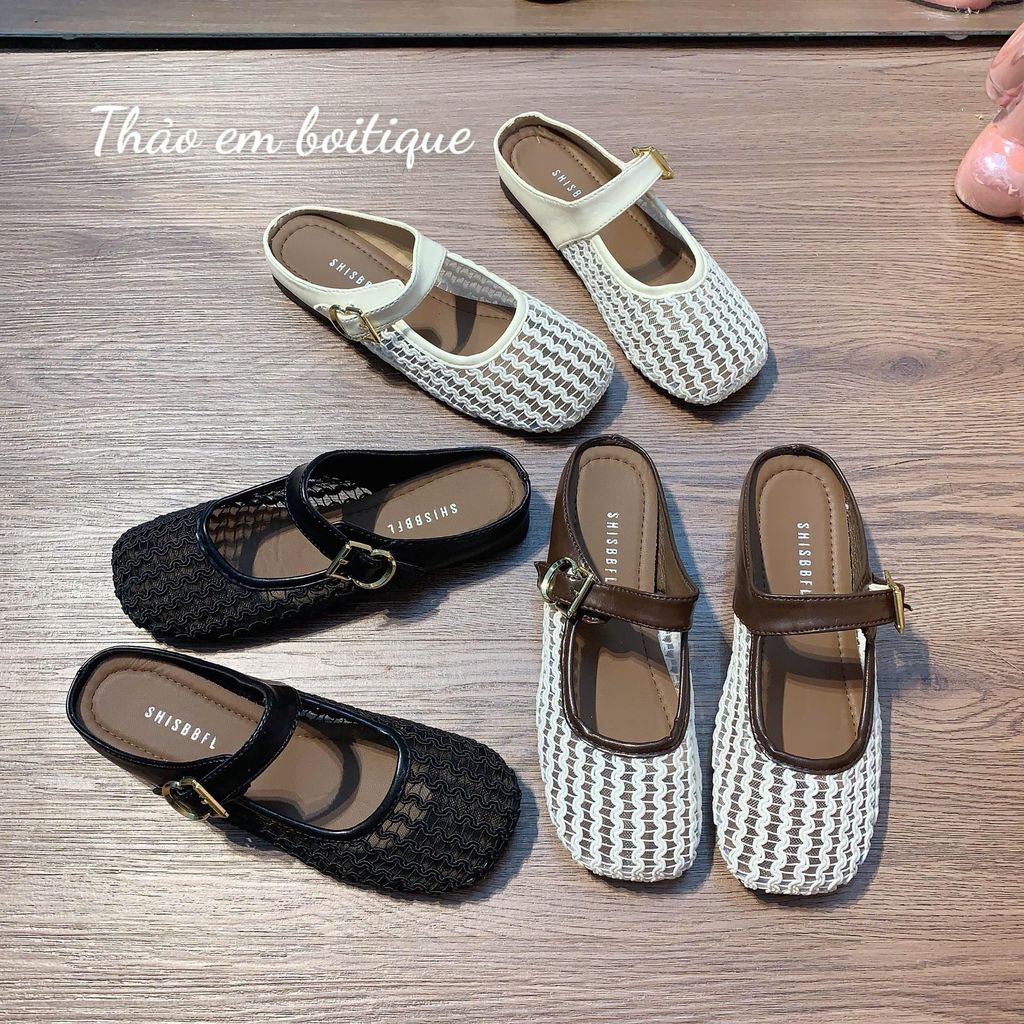[Thảo Em - SL655] Sục lưới nữ đế bệt mũi tròn quai ngang phối khuy vàng [Sẵn Hàng].