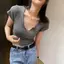 Áo thun ngắn tay màu xám dành cho nữ, kiểu dáng ôm cổ chữ V, vải co giãn mềm mại, hot Girl thường ngày mùa hè