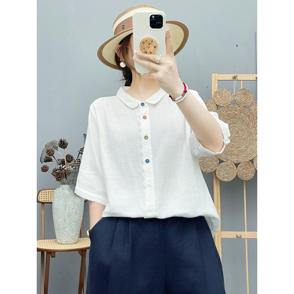 Áo Sơ Mi Nữ Sợi Cotton Cao Cấp Mùa Hè Pháp Văn Học, Ren Placket, Nút Màu, Tay Năm Điểm