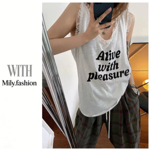 Milyfashion Kích Thước Lớn Rời Ôm Hơn Nhìn Phù Hợp Với Chữ U In Hình Cổ Chữ U Nguyên Chất Desire Không Tay Ren Khâu Sling Top