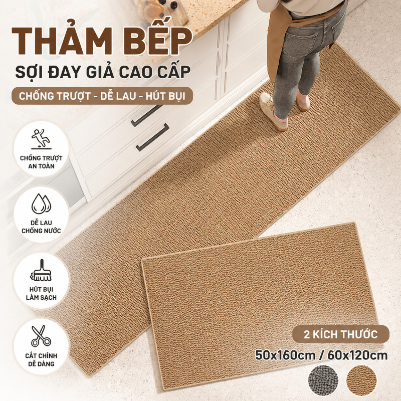 Thảm Bếp Dệt Sợi Chống Trơn Trượt, Hút Bụi, Sợi đay Giả Cao Cấp, Dễ Lau, Phong Cách Nhật Bản
