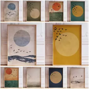 Japandi Neutral Minimalist Canvas Painting Orange Sun Green Ocean Art Home Wall Decor Canvas Poster