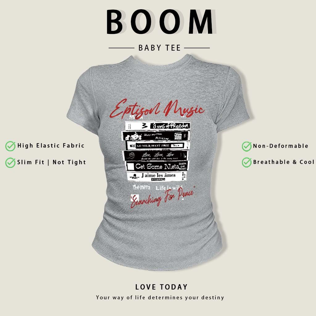 BOOM Áo Baby Tee Nữ Cotton Ôm Body-Áo Thun Ngắn Tay Y2K In Hình PhongCách Mùa Hè, Cổ Tròn Hàng Đầucách hàn quốc phongE37