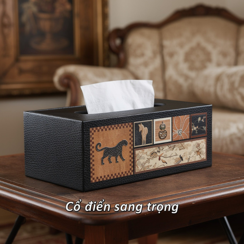Hộp đựng khăn giấy chất liệu bọc da cao cấp, phong cách vintage cổ điển trầy trang trí phòng khách bàn làm việc