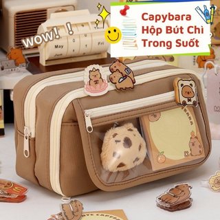 Hộp Đựng Bút Chì Capybara Dung Tích Lớn 9 Lớp Trong Suốt PU Chống Thấm Nước Chống Bụi Trường Học Văn Phòng
